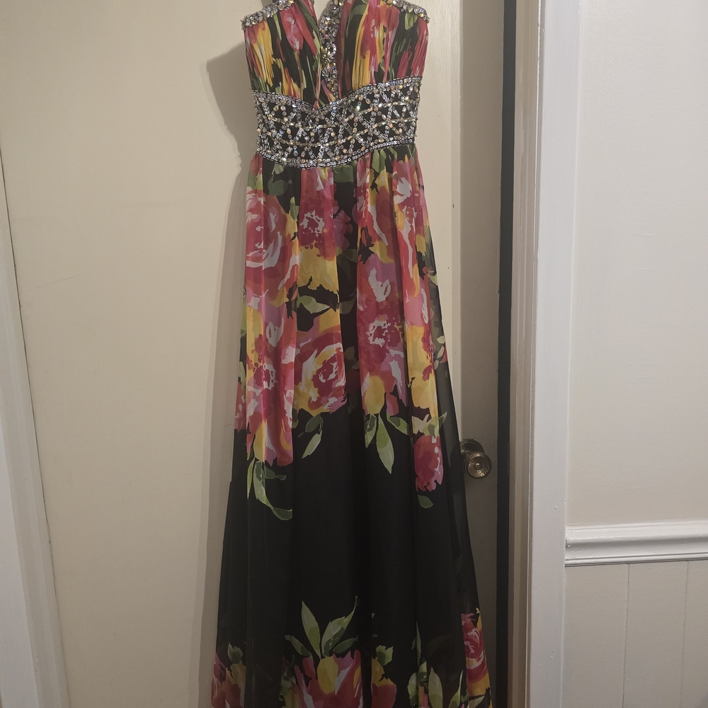 Black Floral Prom Gown with Beaded Waist